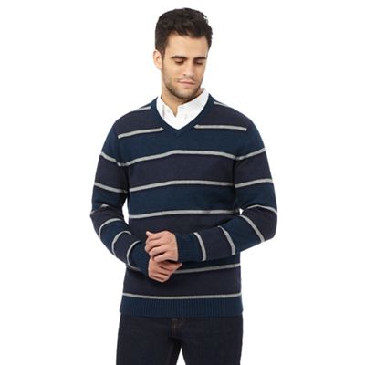 Big and tall multi-coloured striped print v neck jumper